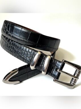Black Croc-Embossed Leather Belt with Silver Buckle - Men 34 Western Americana
